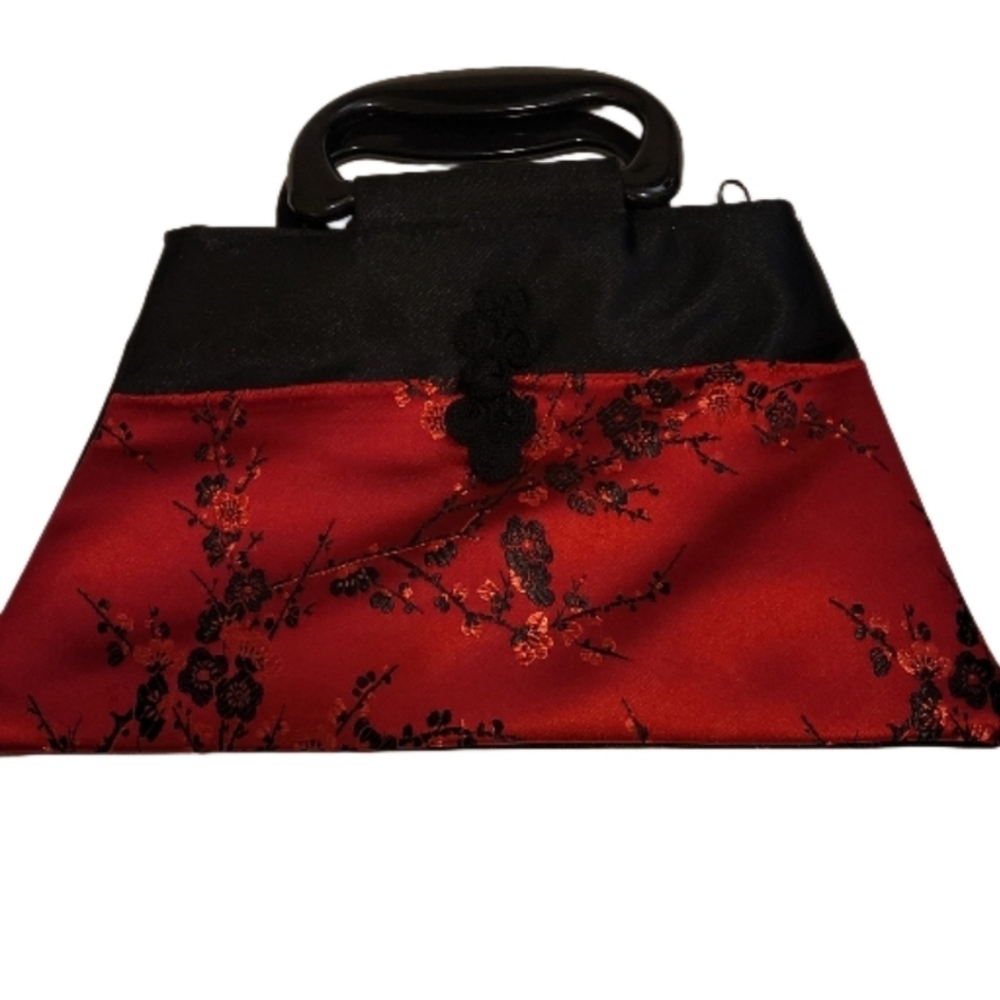 Elegant Red and Black Floral Handbag